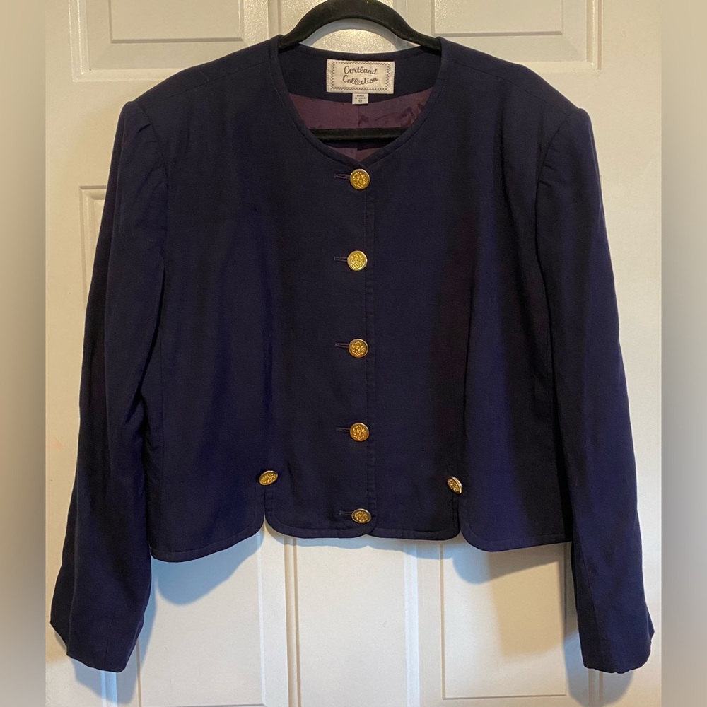 Women’s Cortland Collection Coat Button Navy Blue Gold Accent Size 18